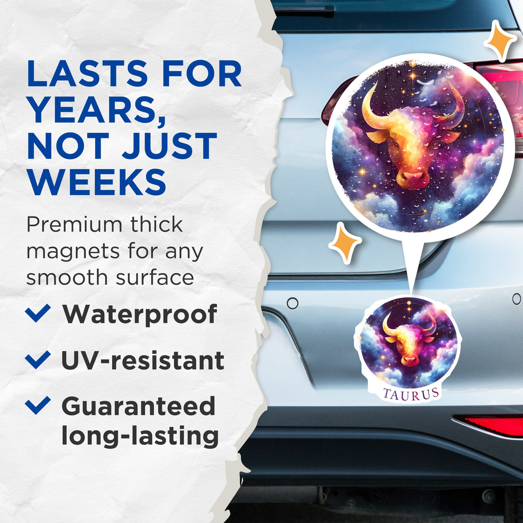 (2 Pack) Taurus Magnets - Zodiac Sign Art - Cosmic Bull Refrigerator Decor - Astrology Star Sign - 5 Inches On Longest Side - Thick Durable Magnet - Made in USA - MAG37599
