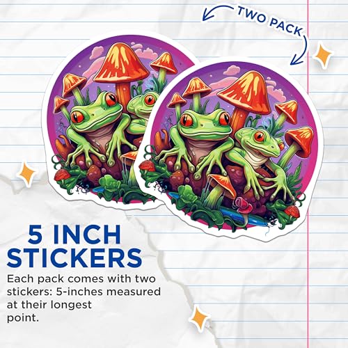 (2 Pack) Frog Mushroom Stickers - Cute Frogs Stickers - Nature Themed Frog and Mushrooms Stickers - 5" On Longest Side - Sticks to Smooth Flat Surfaces - Made in USA - BMCS4070