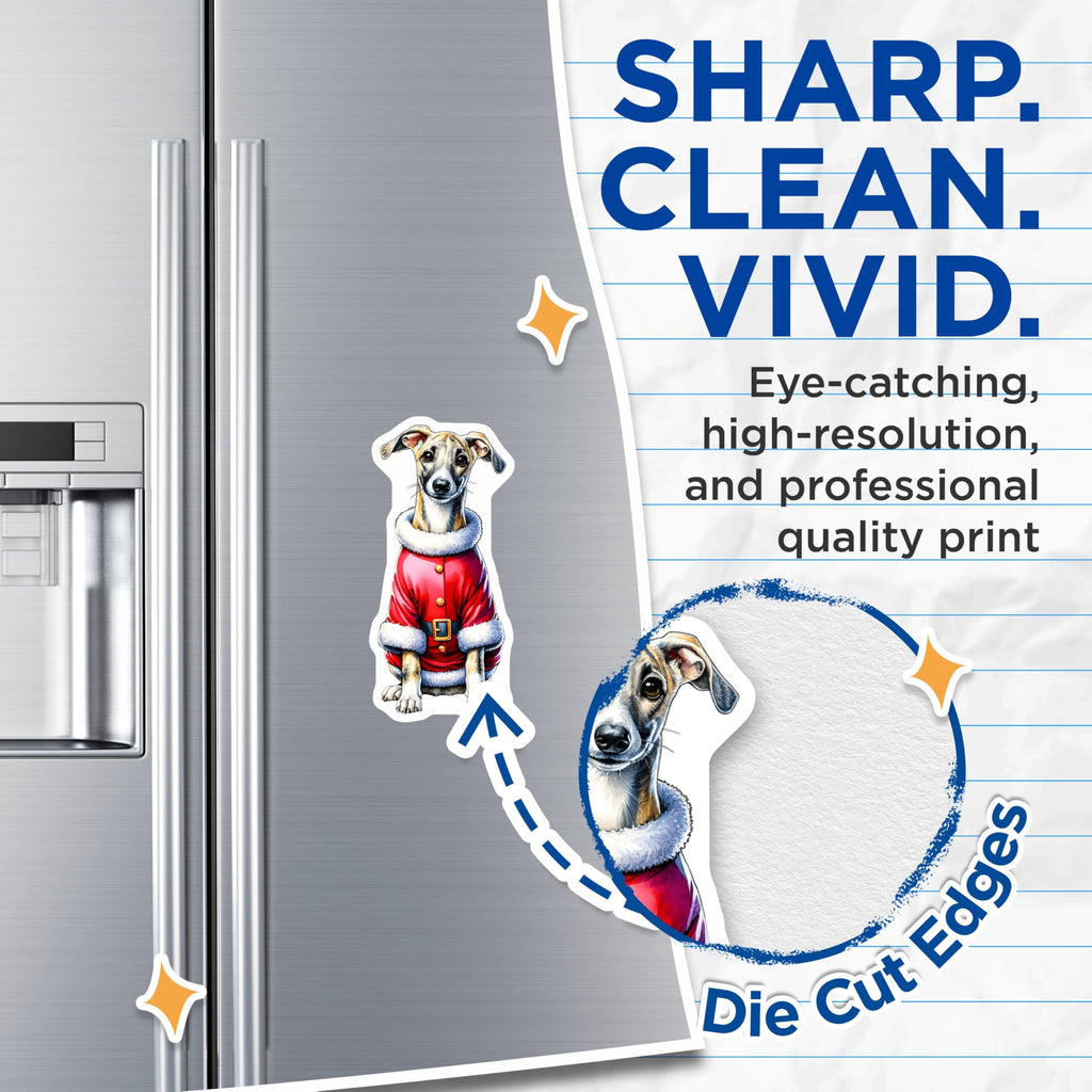 (2 Pack) Smiling Whippet Santa Dog Magnets - Christmas Holiday Canine Decor - Festive Refrigerator Display Accessory - 5 Inches On Longest Side - Thick Durable Magnet - Made in USA - MAG25000