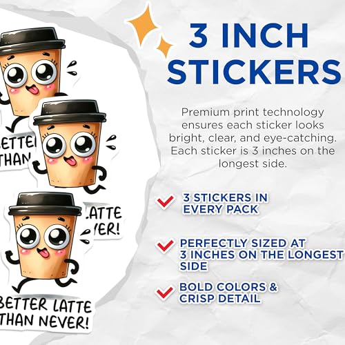 (3 Pack) Coffee Lover Decals - Funny Latte Quote - Kawaii Food Decal - 3 Inches On Longest Side - Easy Peel & Apply - Made in USA - 3MCS2068
