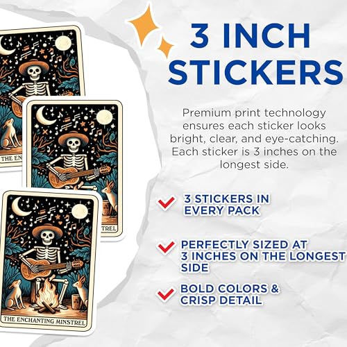 (3 Pack) Skeleton Guitarist Decals - Musical Skeleton - Enchanting Minstrel Decals - 3 Inches On Longest Side - Easy Peel & Apply - Made in USA - 3MCS4172