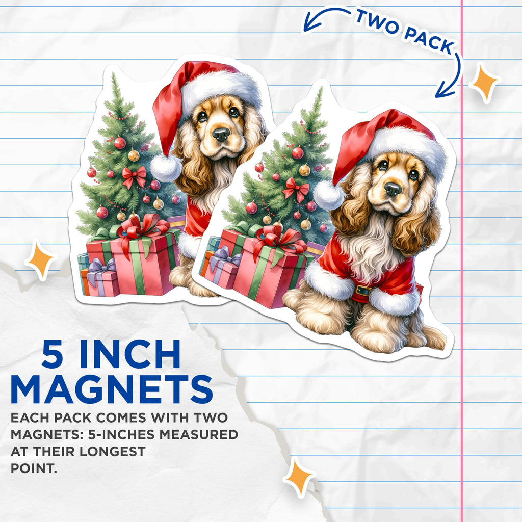 (2 Pack) Cocker Spaniel Christmas Magnets - Santa Dog Holiday Decor - Pet Lover Home Accent - 5 Inches On Longest Side - Thick Durable Magnet - Made in USA - MAG25458