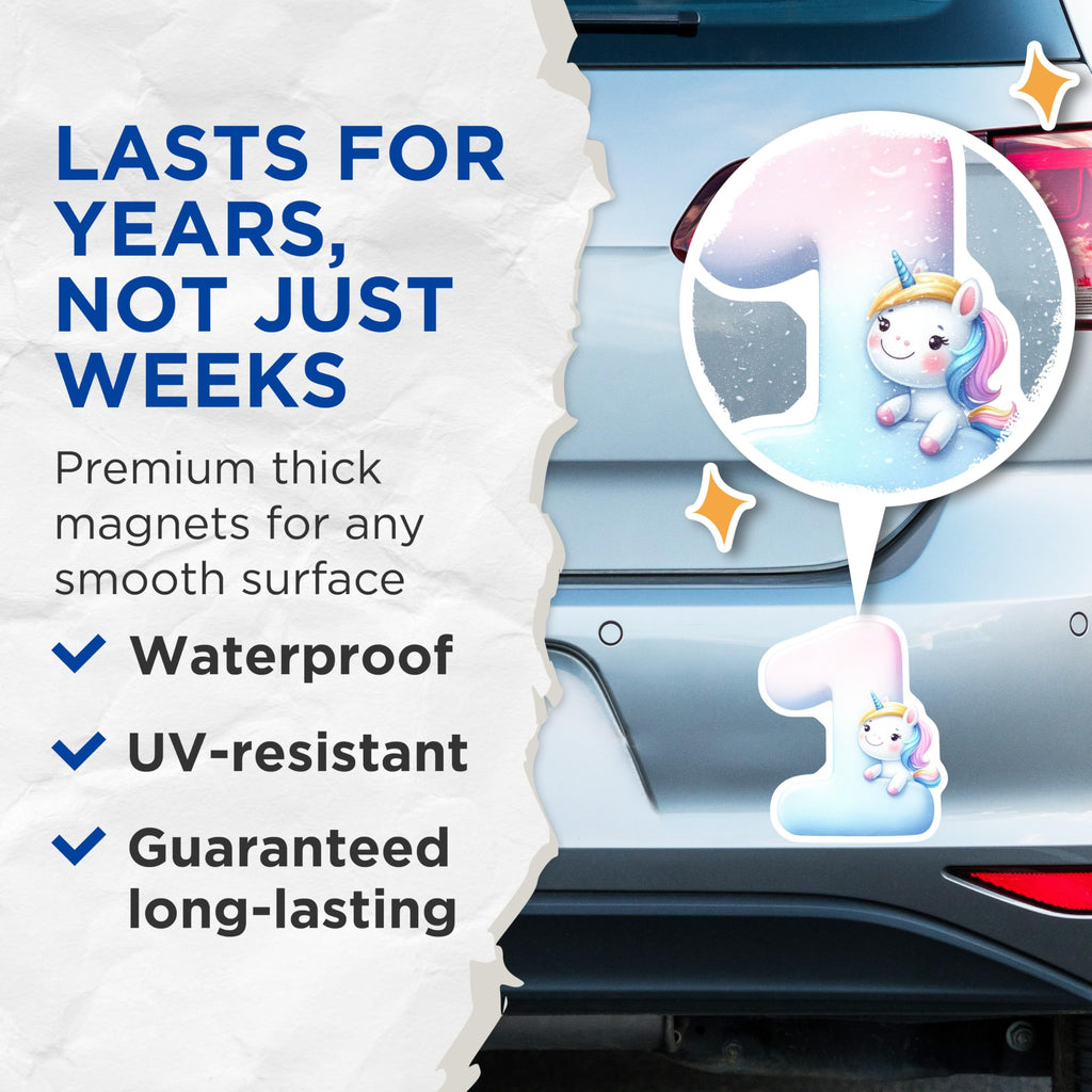 (2 Pack) Unicorn Number One Magnets - First Birthday - Rainbow Unicorn Party Decoration - 5" On Longest Side - Premium Magnet - for Cars, Refrigerators, Toolboxes, Lockers - Made in USA - MAG16202