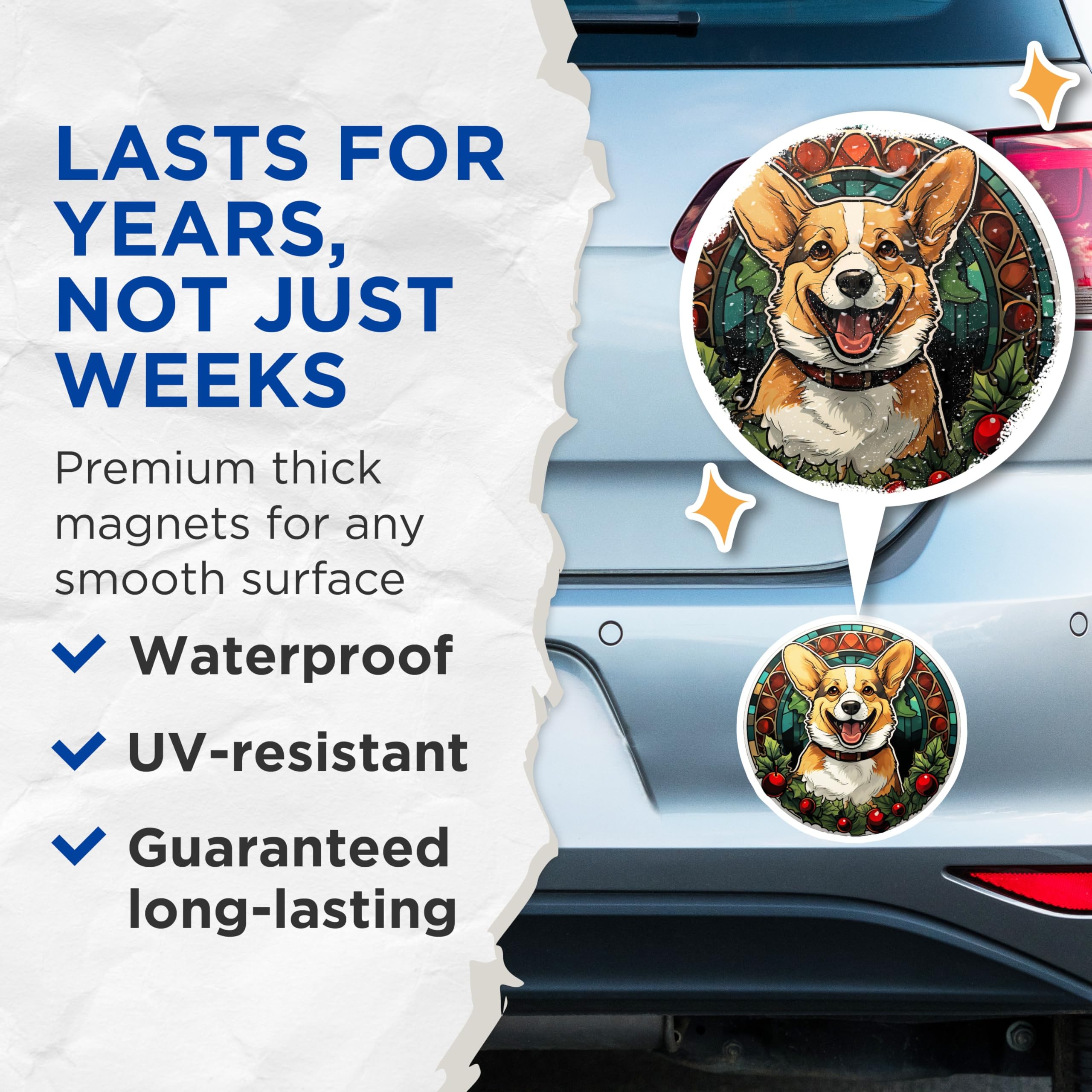 (2 Pack) Corgi Christmas Magnets - Stained Glass Art Style Holiday Dog Fridge Decor - Cute Pet Owner Accessory - 5 Inches On Longest Side - Thick Durable Magnet - Made in USA - MAG25685