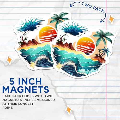 (2 Pack) Tropical Sunset Magnets Magnets - Beach Scene - Ocean Waves - 5" On Longest Side - Made in USA - Sticks to Refrigerators & Metal Surfaces - MAG9268
