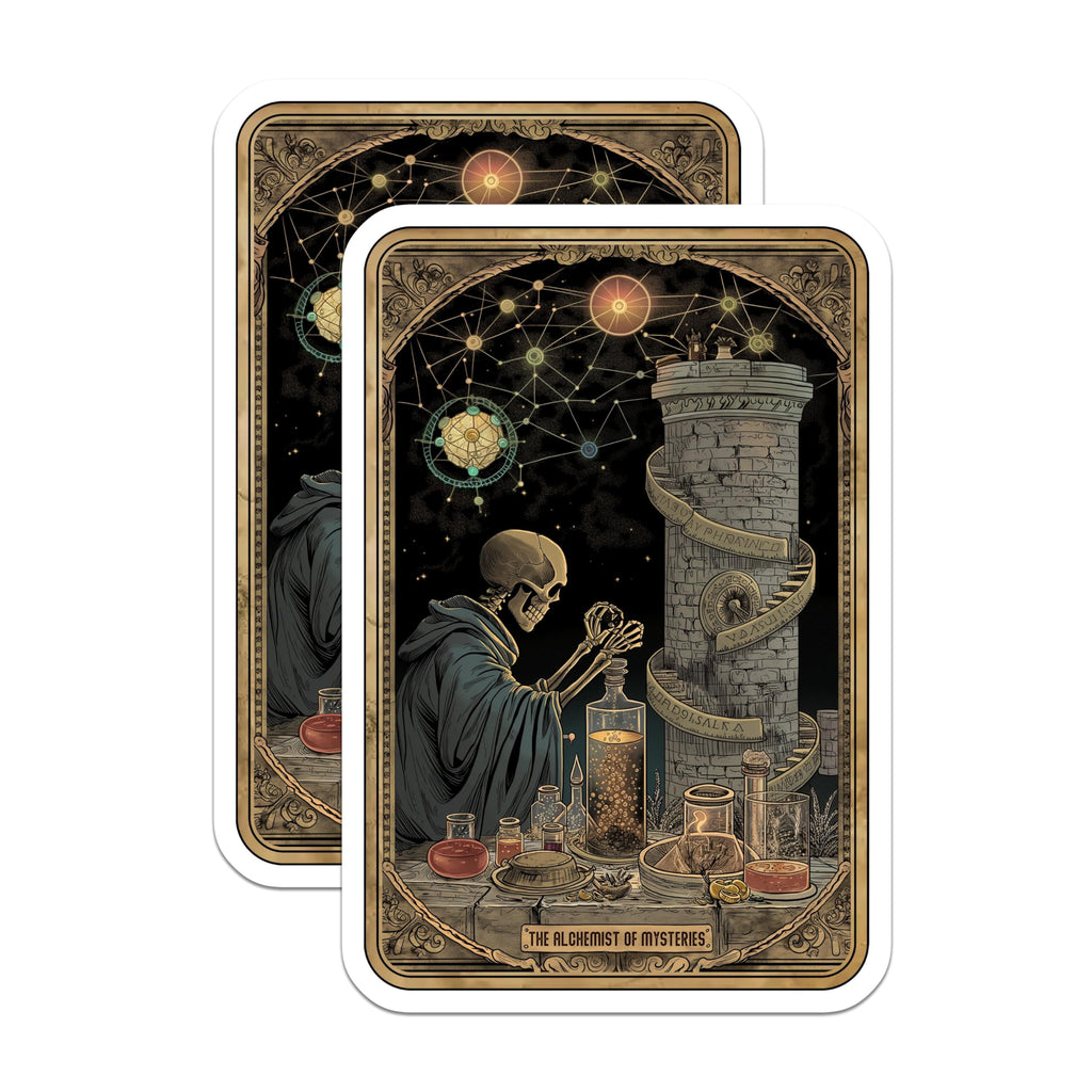 (2 Pack) Alchemist Skeleton Stickers - Vintage Fantasy Stickers - Gothic Potion Stickers - 5" On Longest Side - Sticks to Smooth Flat Surfaces - Made in USA - BMCS5342