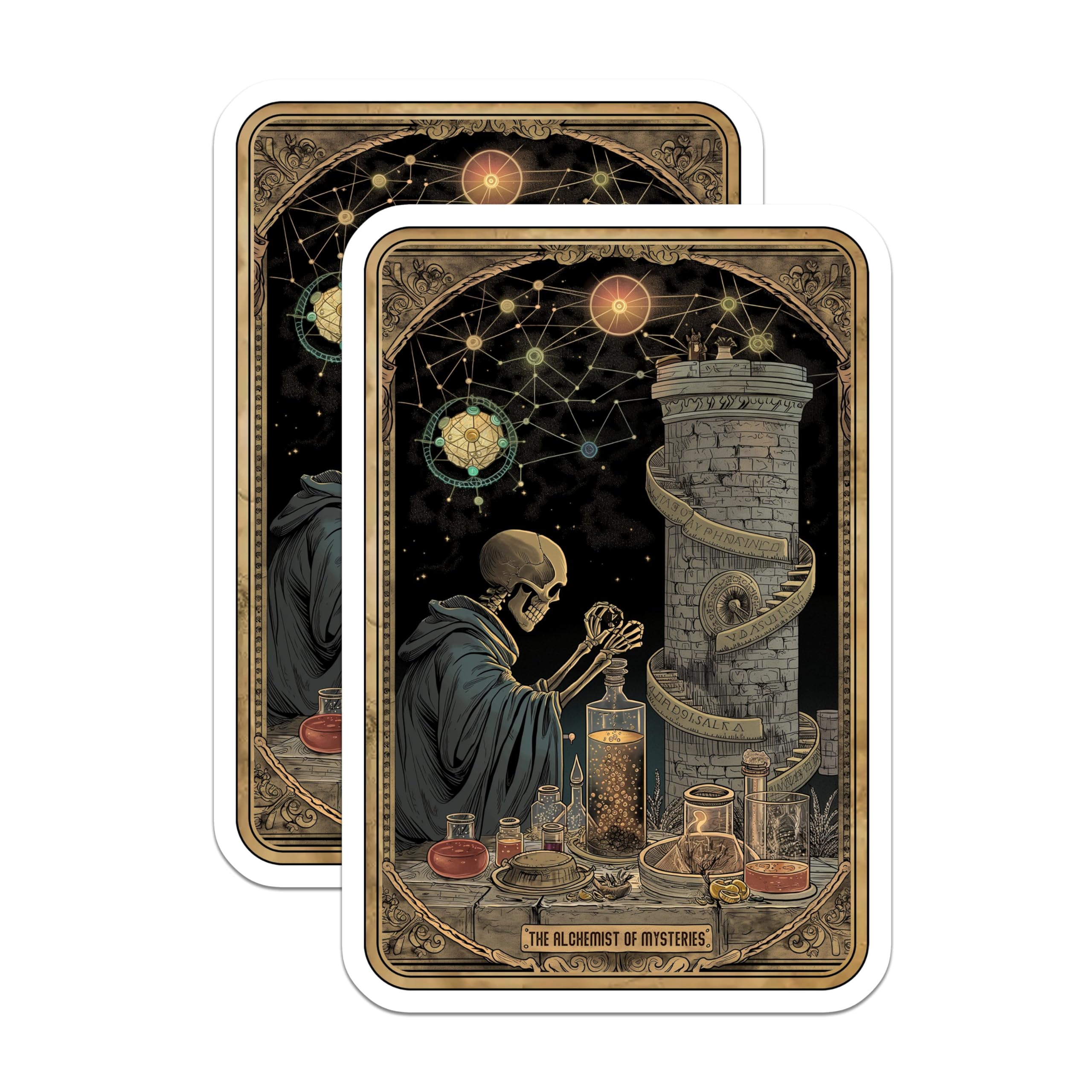 (2 Pack) Alchemist Skeleton Stickers - Vintage Fantasy Stickers - Gothic Potion Stickers - 5" On Longest Side - Sticks to Smooth Flat Surfaces - Made in USA - BMCS5342