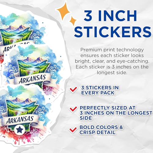 (3 Pack) Arkansas Decals - State Pride Stickers - Laptop Decoration- 3 Inches On Longest Side - Easy Peel & Apply - Made in USA - 3MCS5363