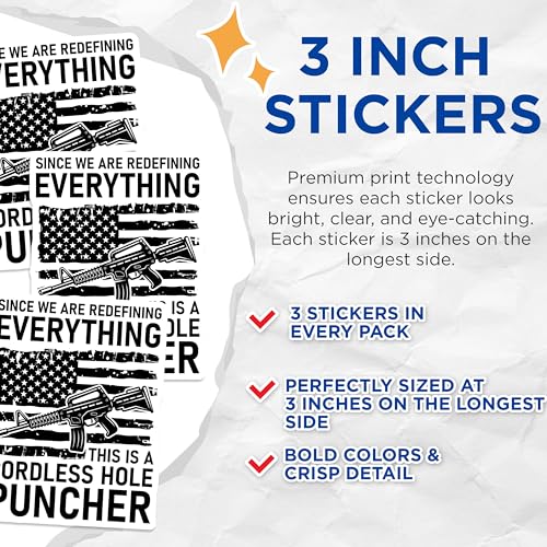 (3 Pack) Cordless Hole Puncher Decals - American Flag Decal - Gun Rights Decals - 3 Inches On Longest Side - Easy Peel & Apply - Made in USA - 3MCS4596