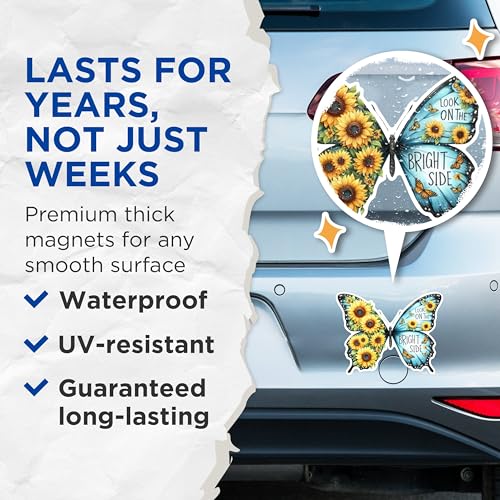 (2 Pack) Look On The Bright Side Butterfly Magnets - Sunflower Fridge Magnets - Positive Quote Magnets for Home Office- 5" On Longest Side - for Fridges, Toolboxes, Cars - Made in USA - MAG2557