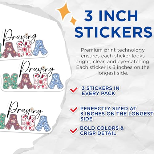 (3 Pack) Praying Mama Decals - Floral Mama Saying - Motherhood Decal - 3 Inches On Longest Side - Easy Peel & Apply - Made in USA - 3MCS6475
