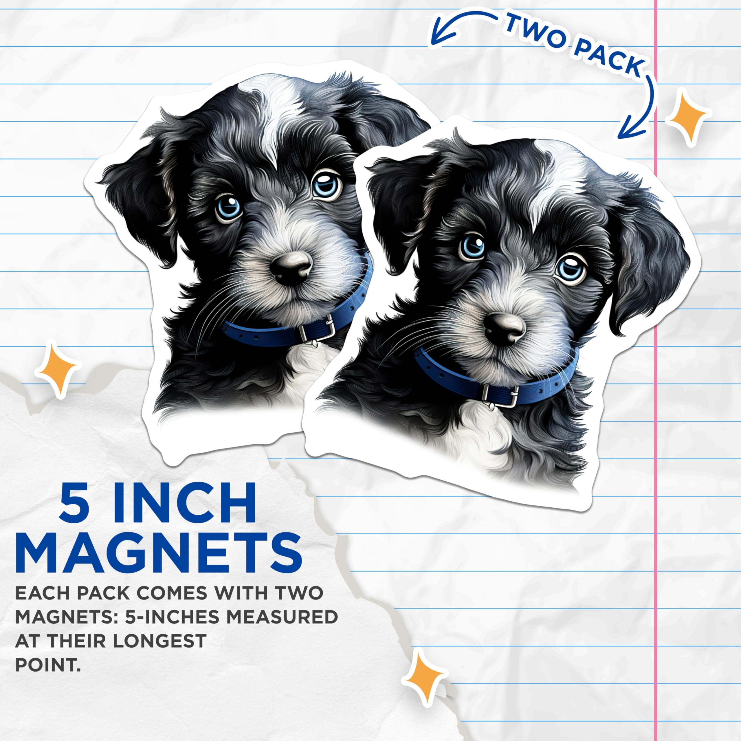 (2 Pack) Cute Puppy Magnets - Fluffy Dog Decor - Animal Lover Essentials - Blue Eyed Canine Art - 5 Inches On Longest Side - Thick Durable Magnet - Made in USA - MAG26279