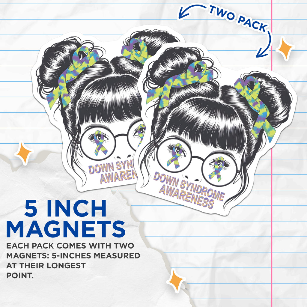 (2 Pack) Down Syndrome Awareness Magnets - Tie Dye Ribbon Support - for DS Families & Advocates - 5 Inches On Longest Side - Thick Durable Magnet - Made in USA - MAG39051