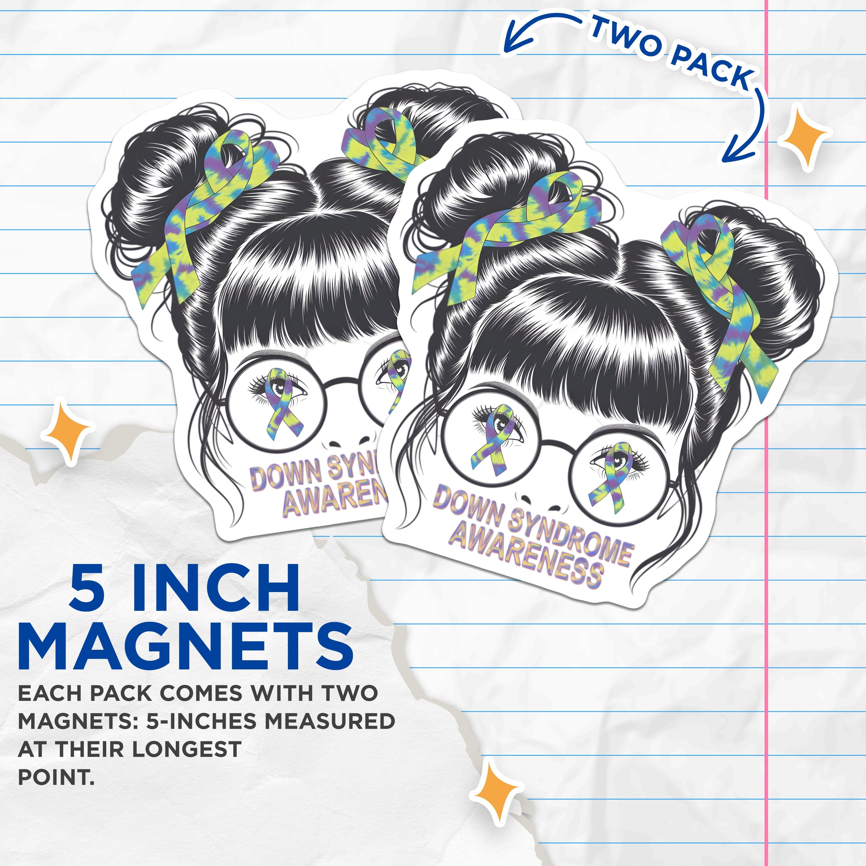 (2 Pack) Down Syndrome Awareness Magnets - Tie Dye Ribbon Support - for DS Families & Advocates - 5 Inches On Longest Side - Thick Durable Magnet - Made in USA - MAG39051