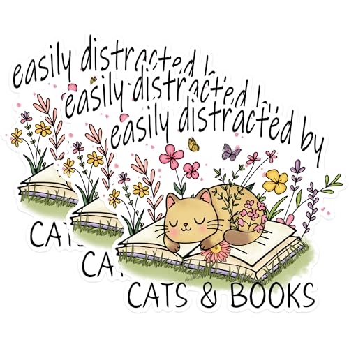 (3 Pack) Cat and Books Decals - Easily Distracted Kitty - Reading Lover Decals - 3 Inches On Longest Side - Easy Peel & Apply - Made in USA - 3MCS1665