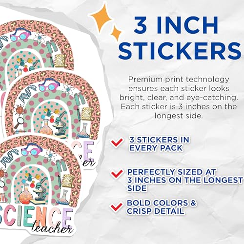 (3 Pack) Science Teacher Decals - Rainbow Science - Teacher Decals - 3 Inches On Longest Side - Easy Peel & Apply - Made in USA - 3MCS4588