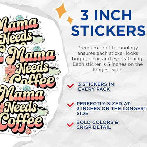 (3 Pack) Mama Needs Coffee Decals - Retro Coffee Lover - Mother's Day Decal - 3 Inches On Longest Side - Easy Peel & Apply - Made in USA - 3MCS2687