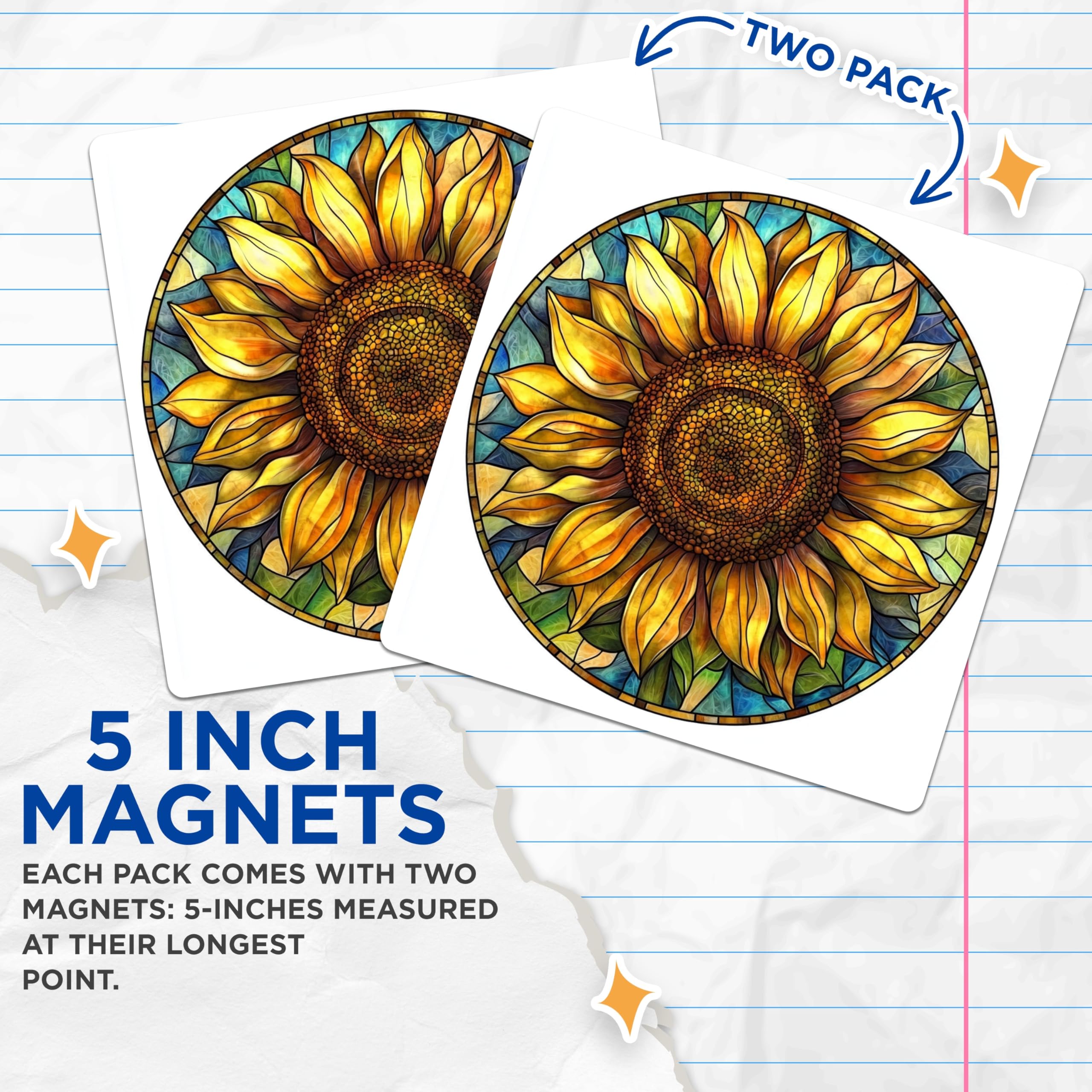 (2 Pack) Vibrant Stained Glass Sunflower Magnets - Artistic Floral Mandala Decor - Boho Kitchen Refrigerator Art - 5 Inches On Longest Side - Thick Durable Magnet - Made in USA - MAG23959