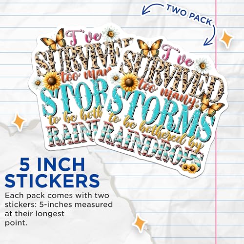 (2 Pack) Survived Too Many Storms Stickers - Inspirational Quote Stickers - Weather Resilience Stickers - 5" On Longest Side - Sticks to Any Smooth Flat Surface - Made in USA - BMCS3223