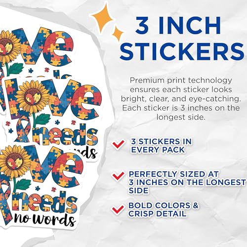 (3 Pack) Autism Awareness Decals - Sunflower Puzzle - Love Needs No Words Stickers - 3 Inches On Longest Side - Easy Peel & Apply - Made in USA - 3MCS8609