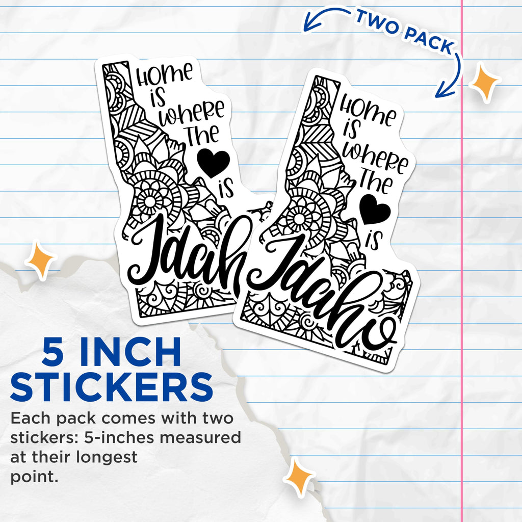 (2 Pack) Home is Where The Heart is Idaho Stickers - State Pride Decor - Geometric Mandala Design - 5" On Longest Side - Sticks to Smooth Flat Surfaces - Made in USA - BMCS9058