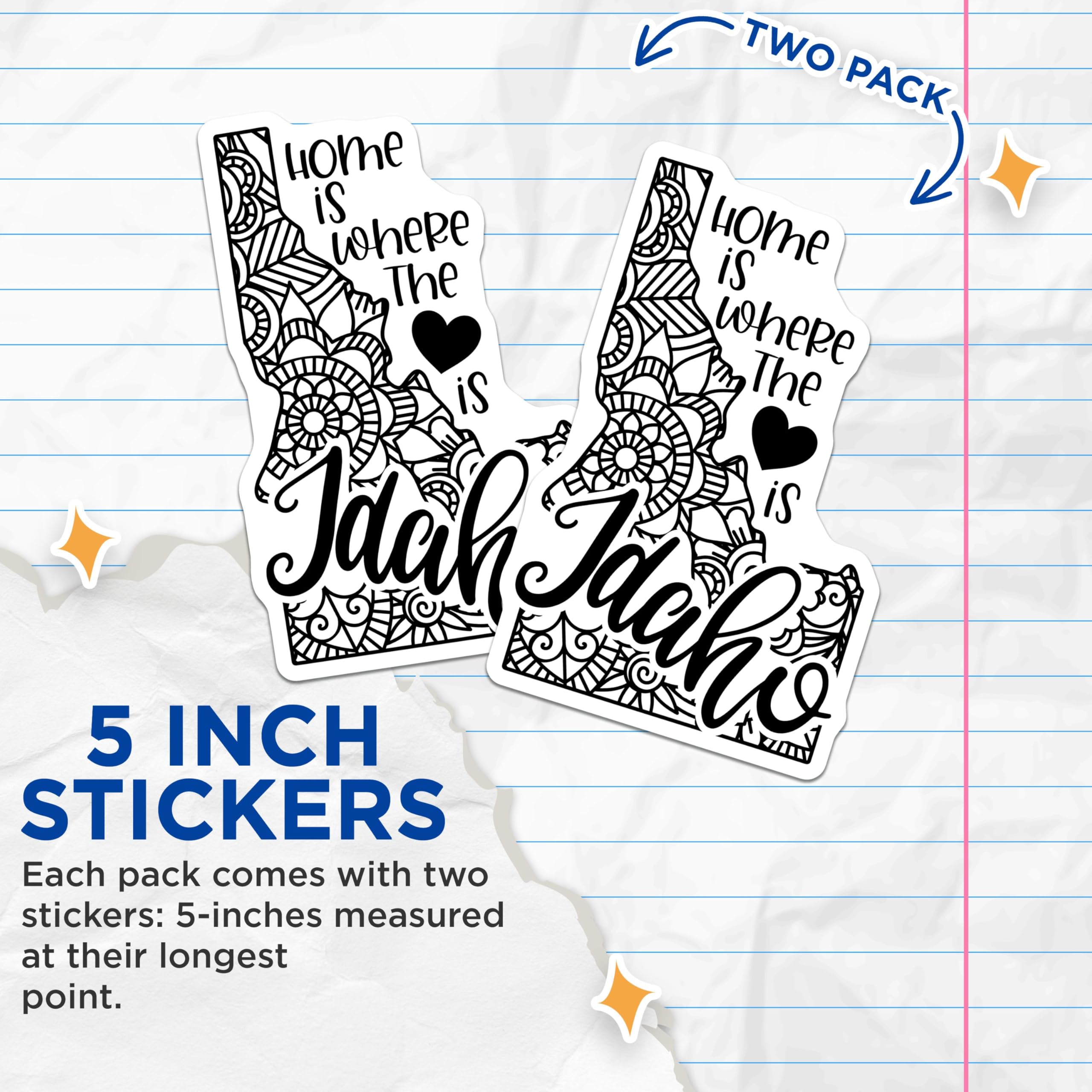 (2 Pack) Home is Where The Heart is Idaho Stickers - State Pride Decor - Geometric Mandala Design - 5" On Longest Side - Sticks to Smooth Flat Surfaces - Made in USA - BMCS9058