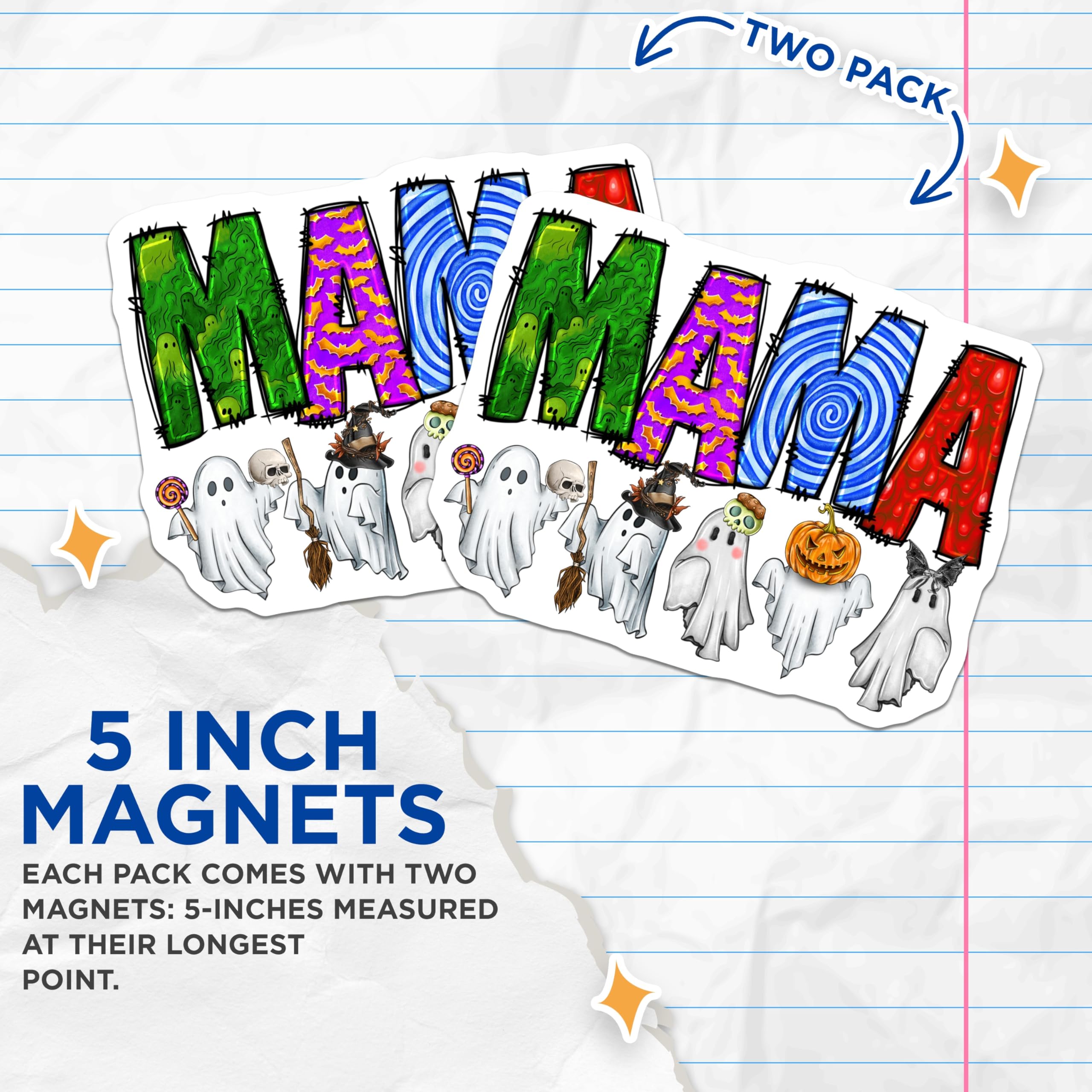 (2 Pack) Halloween Mama Magnets - Spooky Cute Mom Decor - Funny Ghost Fridge Magnets - 5 Inches On Longest Side - Thick Durable Magnet - Made in USA - MAG30576