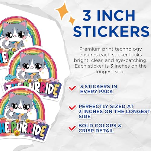 (3 Pack) Purride Decals - Cat Rainbow Decal - Laptop Decal - 3 Inches On Longest Side - Easy Peel & Apply - Made in USA - 3MCS7950