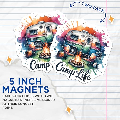 (2 Pack) Camp Life Magnets - Camping Adventure - Travel Trailer Decor - Campfire Art - Outdoor Enthusiast - 5" On Longest Side - for Cars, Fridges, Toolboxes - Made in USA - MAG7038