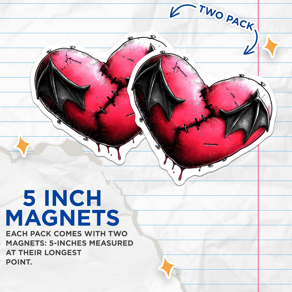 (2 Pack) Gothic Stitched Heart Magnets - Bat Wings Vampire Decor - Dark Aesthetic Refrigerator Art - Halloween Locker Magnets - 5 Inches On Longest Side - Thick Durable Magnet - Made in USA - MAG22135