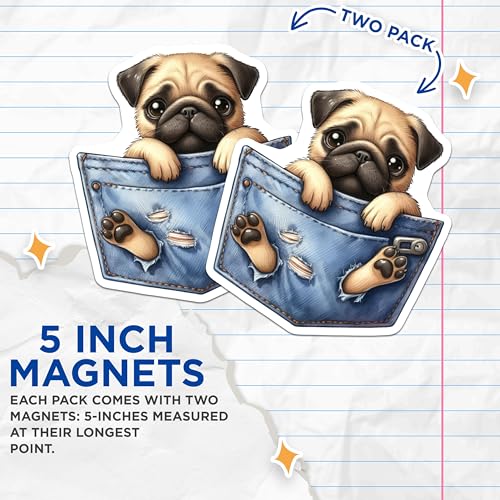 (2 Pack) Pug Puppy Pocket Magnets - Cute Animal Magnets - Fun Fridge Magnets - 5" On Longest Side - for Cars, Fridges, Toolboxes - Made in USA - MAG4254