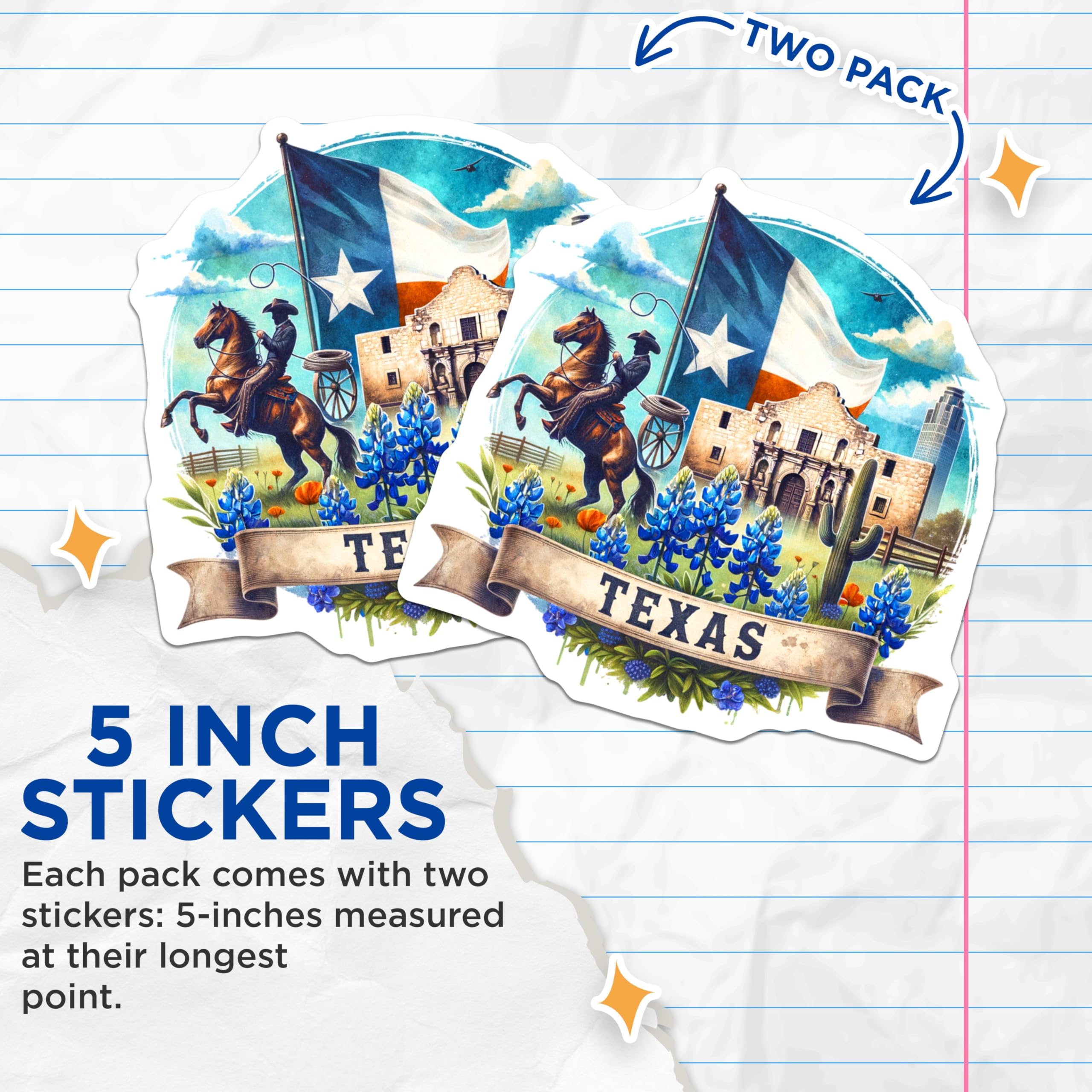 (2 Pack) Texas State Pride Stickers - Cowboy and Alamo - Bluebonnets and Lone Star - 5" On Longest Side - Sticks to Smooth Flat Surfaces - Made in USA - BMCS7074