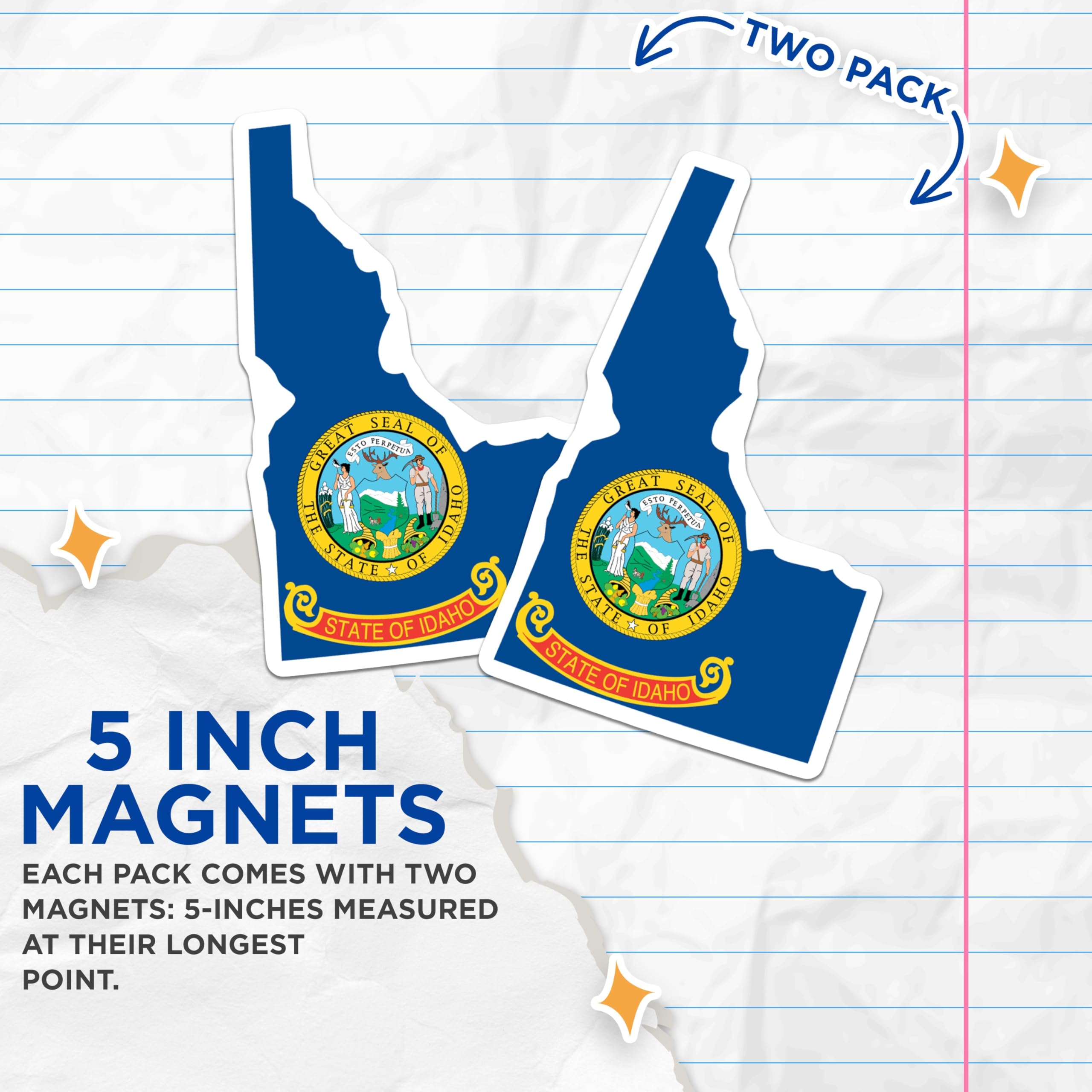 (2 Pack) Idaho State Flag Magnets - Official Gem State Seal - Unique Idaho Outline Map - US State Pride Collection - 5 Inches On Longest Side - Thick Durable Magnet - Made in USA - MAG19896