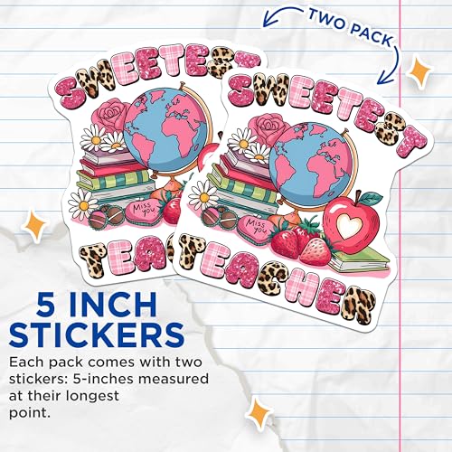 (2 Pack) Sweetest Teacher Stickers - Teacher Appreciation - Classroom Decor - Teacher Gifts - 5" On Longest Side - Sticks to Smooth Flat Surfaces - Made in USA - BMCS7658