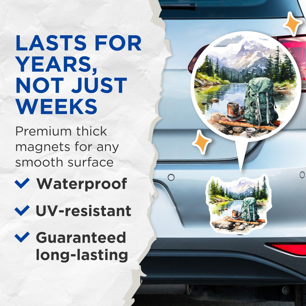 (2 Pack) Wilderness Hiking Magnets - Majestic Mountain Lake Landscape - Backpacking Adventure Camping Decor - 5 Inches On Longest Side - Thick Durable Magnet - Made in USA - MAG19802
