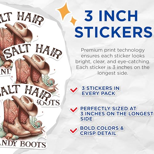 (3 Pack) Cowboy Boots Decals - Salt Hair Sandy Boots - Western Laptop Decals - 3 Inches On Longest Side - Easy Peel & Apply - Made in USA - 3MCS0876