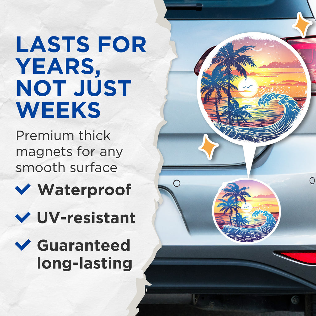 (2 Pack) Tropical Sunset Beach Magnets - Ocean Wave Palm Tree Decor - Summer Island Life Refrigerator Accessories - 5 Inches On Longest Side - Thick Durable Magnet - Made in USA - MAG36911