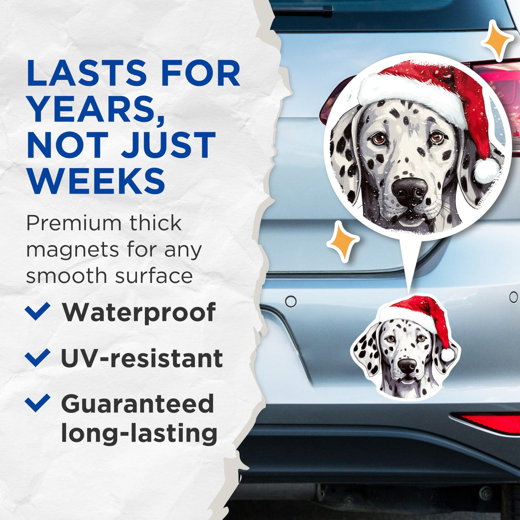 (2 Pack) Christmas Dalmatian Magnets - Santa Hat Dog Decor - Holiday Kitchen Refrigerator Accessory - 5 Inches On Longest Side - Thick Durable Magnet - Made in USA - MAG26974