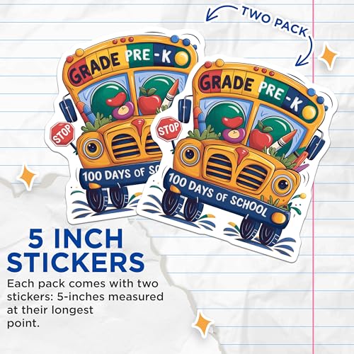 (2 Pack) Grade Pre-K Stickers - 100 Days of School Stickers - Fun School Bus Stickers for Kids - 5" On Longest Side - Sticks to Any Smooth Flat Surface - Made in USA - BMCS3400