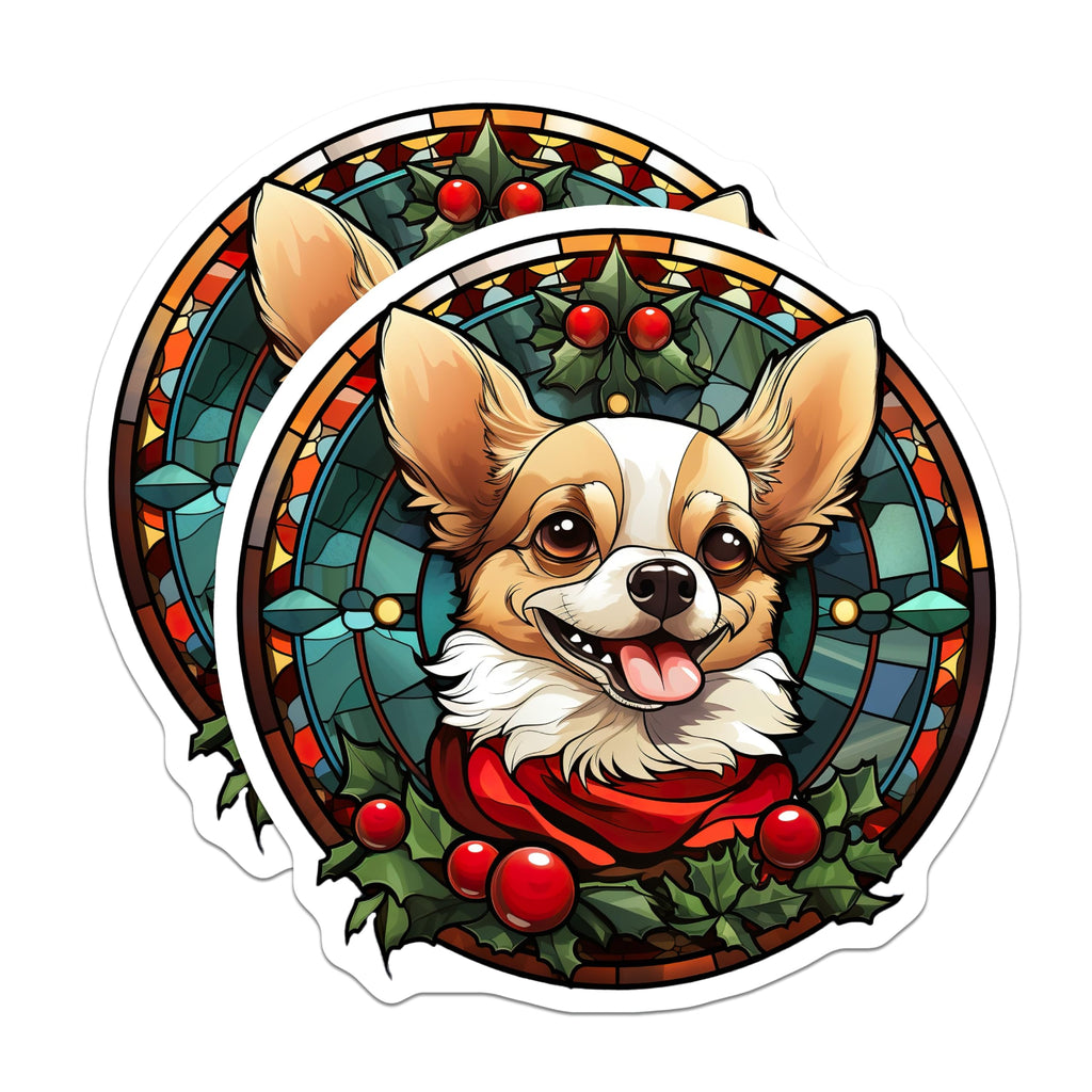 (2 Pack) Christmas Chihuahua Magnets - Stained Glass Dog - Holiday Pet Decor Accent - 5 Inches On Longest Side - Thick Durable Magnet - Made in USA - MAG28559