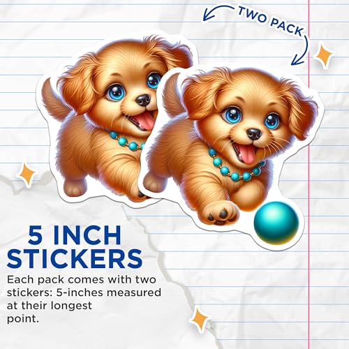 (2 Pack) Adorable Puppy Stickers - Cute Dog Lover - Cartoon Pet Design - 5" On Longest Side - Sticks to Smooth Flat Surfaces - Made in USA - BMCS9440