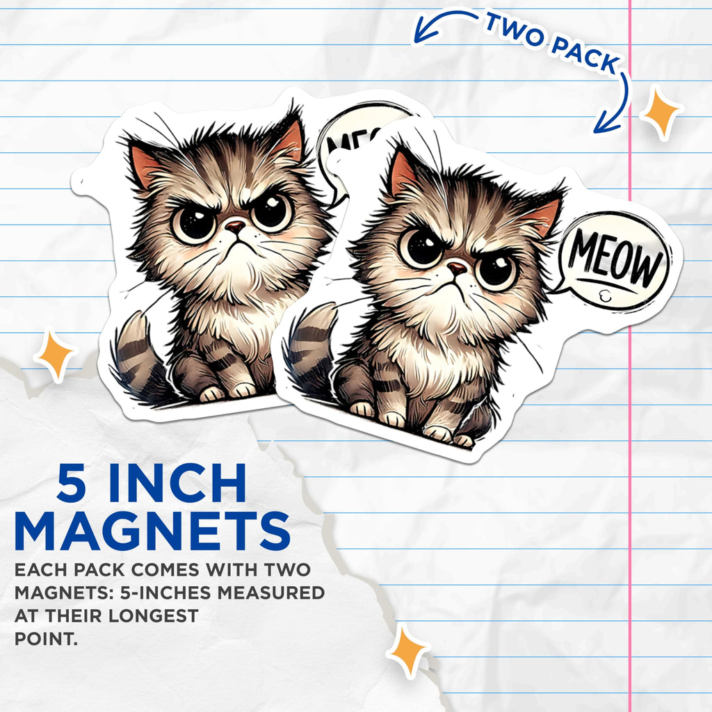 (2 Pack) Grumpy Cat Magnets - Meow Cartoon Cats - Fridge Home Decor Magnets - 5" On Longest Side - Premium Magnet - for Cars, Refrigerators, Toolboxes, Lockers - Made in USA - MAG14974