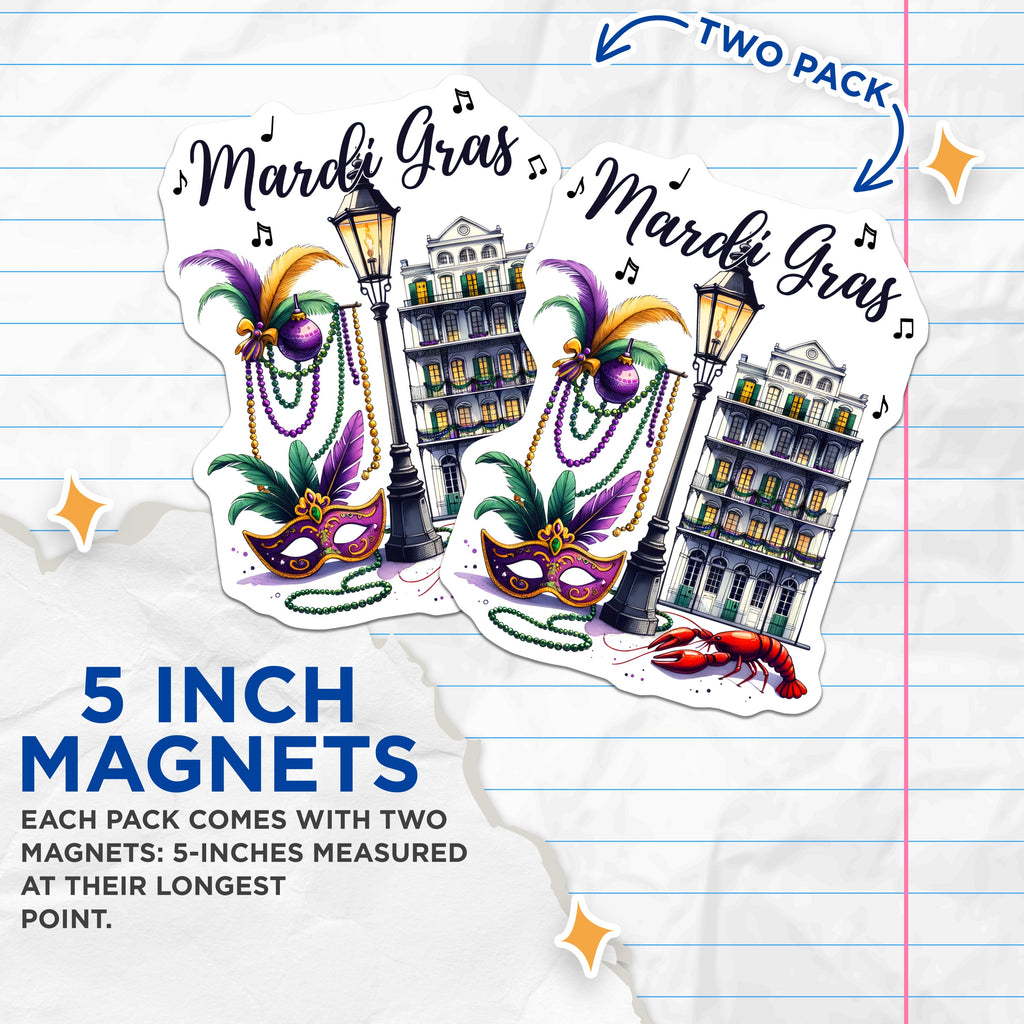(2 Pack) Mardi Gras Magnets - New Orleans Decor - French Quarter Souvenir - NOLA Celebration Magnets - 5 Inches On Longest Side - Thick Durable Magnet - Made in USA - MAG36859