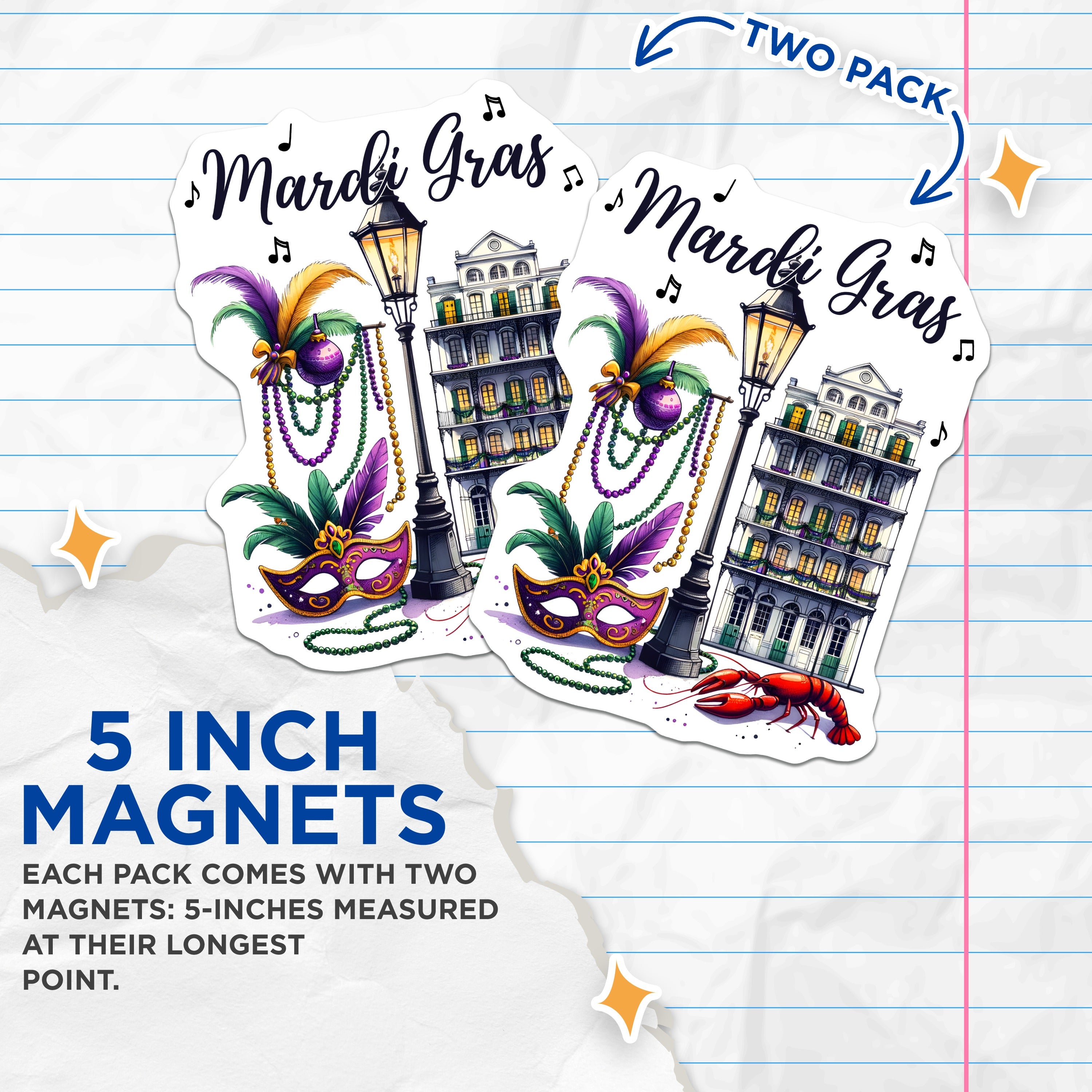 (2 Pack) Mardi Gras Magnets - New Orleans Decor - French Quarter Souvenir - NOLA Celebration Magnets - 5 Inches On Longest Side - Thick Durable Magnet - Made in USA - MAG36859