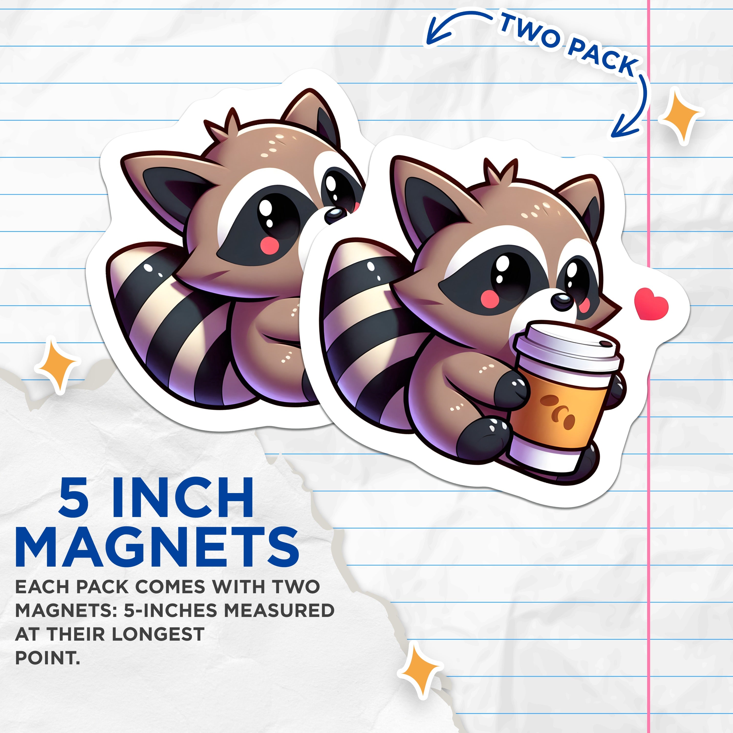 (2 Pack) Raccoon Coffee Magnets - Cute Kawaii Animal Fridge Decor - Coffee Lover Funny Trash Panda Office Locker Accessories - 5 Inches On Longest Side - Thick Durable Magnet - Made in USA - MAG38145
