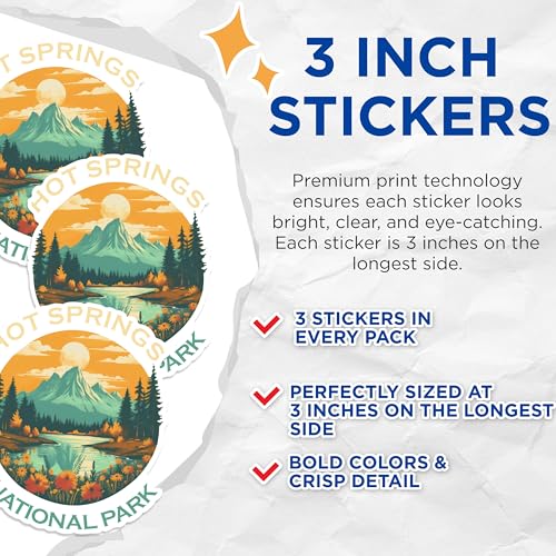 (3 Pack) Hot Springs Decals - National Park Stickers - Laptop Decal - 3 Inches On Longest Side - Easy Peel & Apply - Made in USA - 3MCS1350