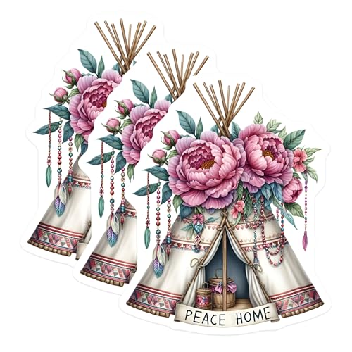 (3 Pack) Floral Teepee Decals - Boho Decor - Peace Home Laptop Decal - 3 Inches On Longest Side - Easy Peel & Apply - Made in USA - 3MCS7625