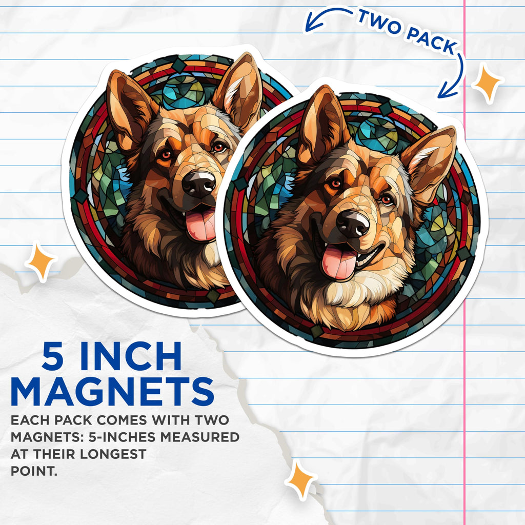 (2 Pack) German Shepherd Magnets - Stained Glass Dog Art - Pet Lover Home Decor - Canine Enthusiast Magnetic Accent - 5 Inches On Longest Side - Thick Durable Magnet - Made in USA - MAG23833
