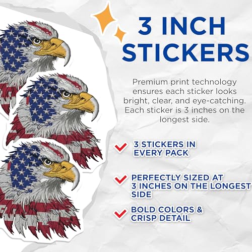 (3 Pack) Patriotic Eagle Decals - American Flag Design - Laptop Stickers- 3 Inches On Longest Side - Easy Peel & Apply - Made in USA - 3MCS5169