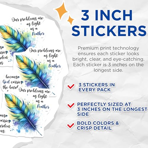(3 Pack) Feather Decals - Inspirational Quote - Religious Decor - 3 Inches On Longest Side - Easy Peel & Apply - Made in USA - 3MCS6317